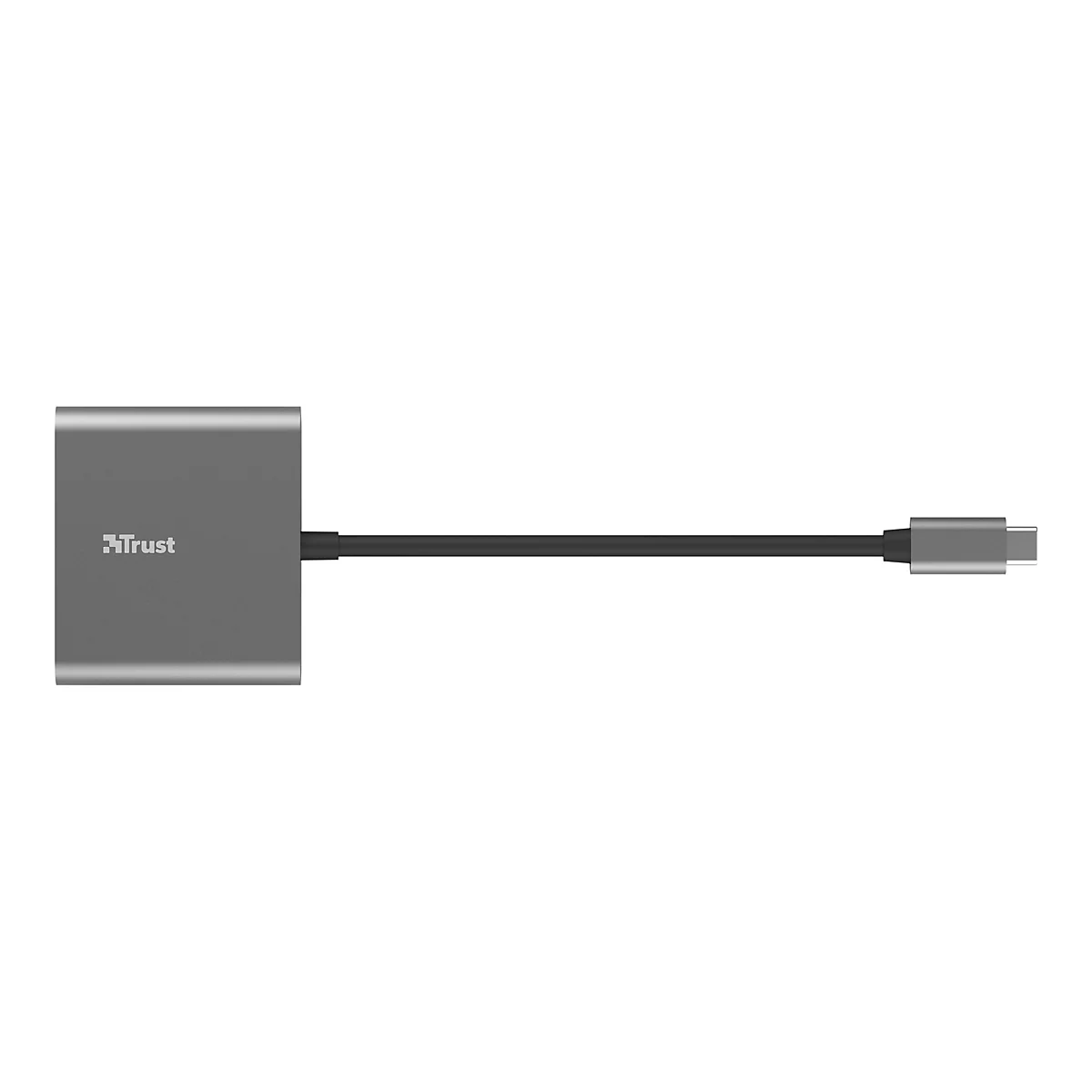 Ein grauer USB-C-Adapter mit Kabel, Marke Trust. Das Produkt liegt freigestellt auf weiÃŸem Hintergrund.