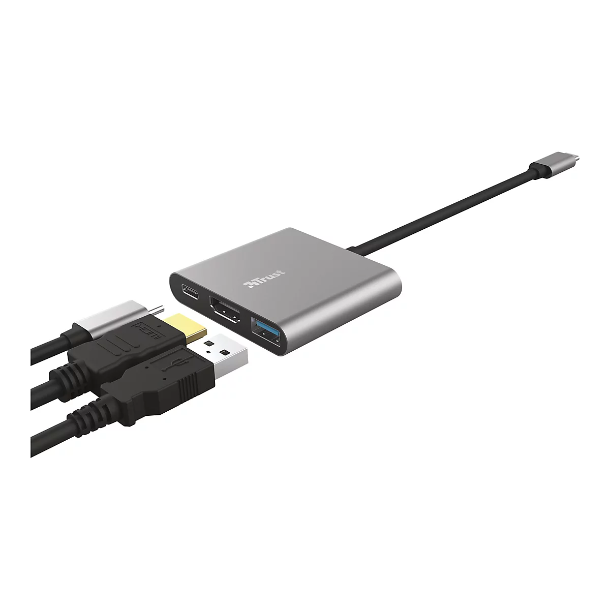 Graues USB-C-Dock mit angeschlossenen Kabeln. Sichtbar sind ein HDMI-, USB-A- und ein USB-C-Anschluss. Auf dem Dock steht Trust.