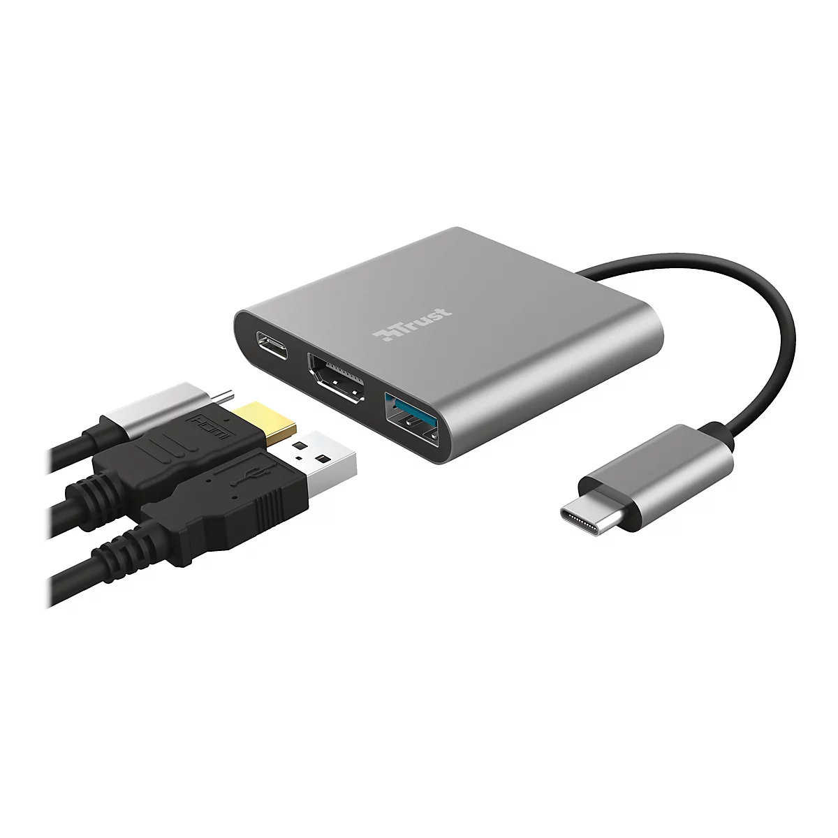 Grauer USB-C-Hub von Trust mit verschiedenen AnschlÃ¼ssen und Kabeln.