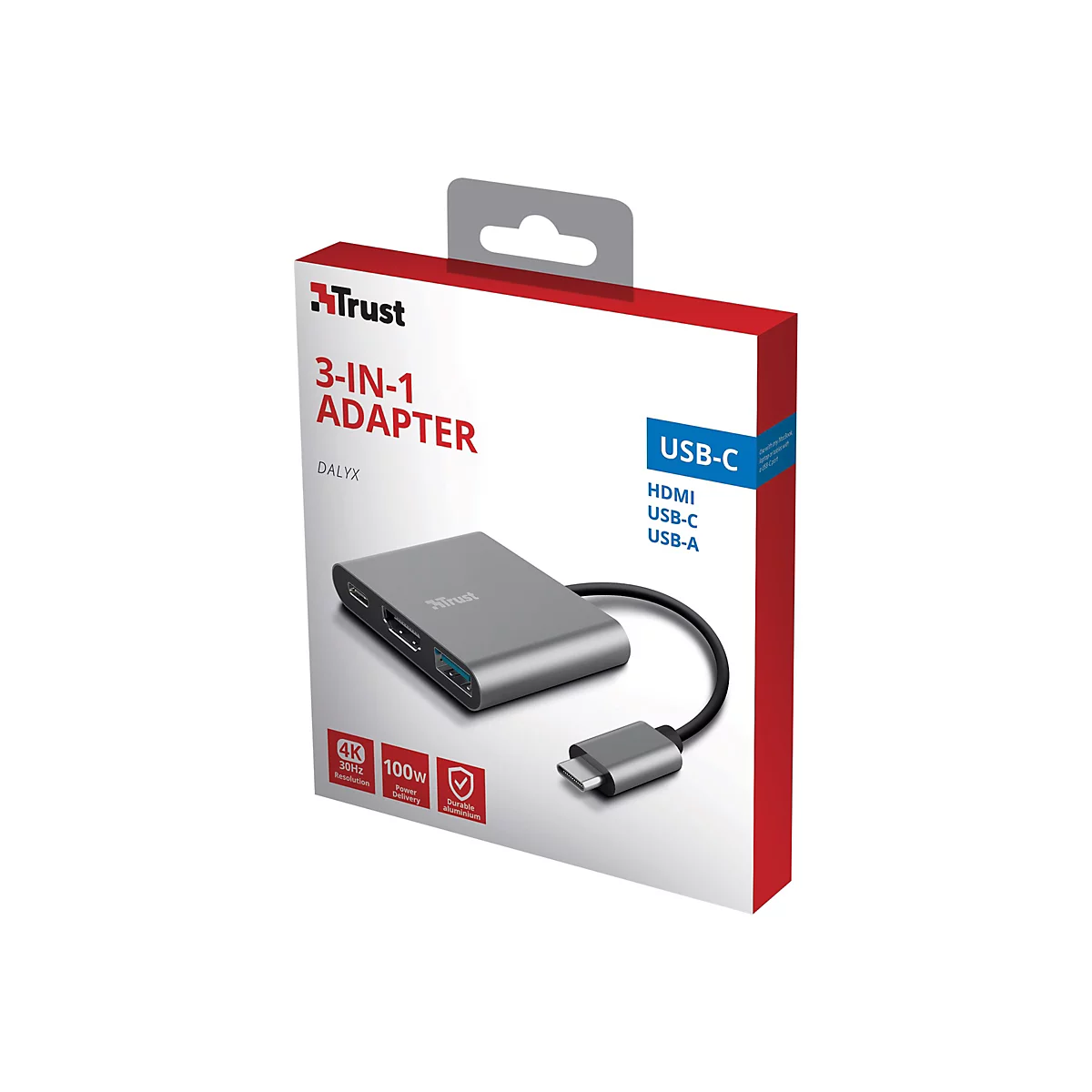 Grauer 3-in-1 USB-C Adapter von Trust. Produktverpackung mit Aufschrift: 3-IN-1 ADAPTER, USB-C, HDMI, USB-C, USB-A.