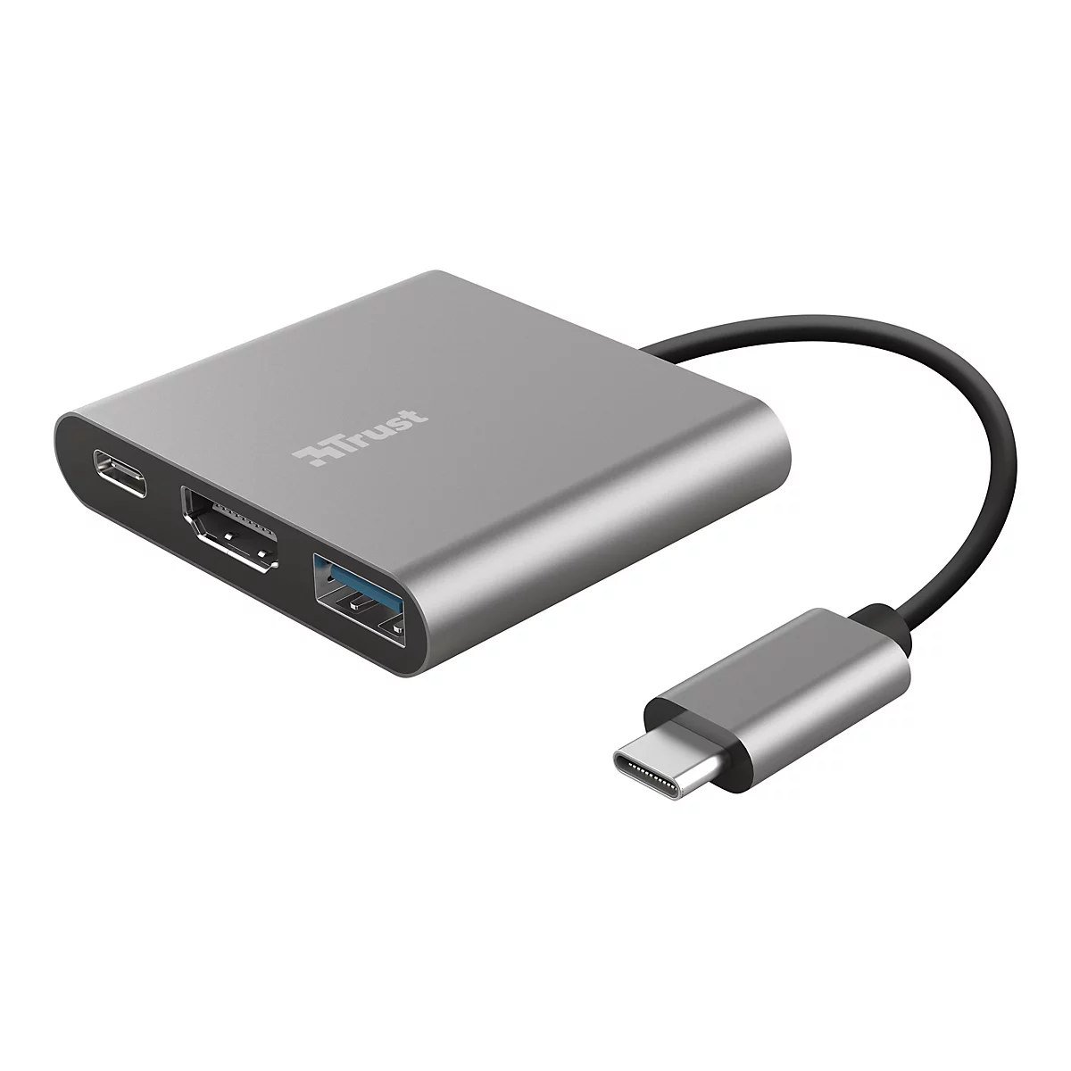 Grauer USB-C-Hub mit AnschlÃ¼ssen fÃ¼r HDMI, USB und USB-C.