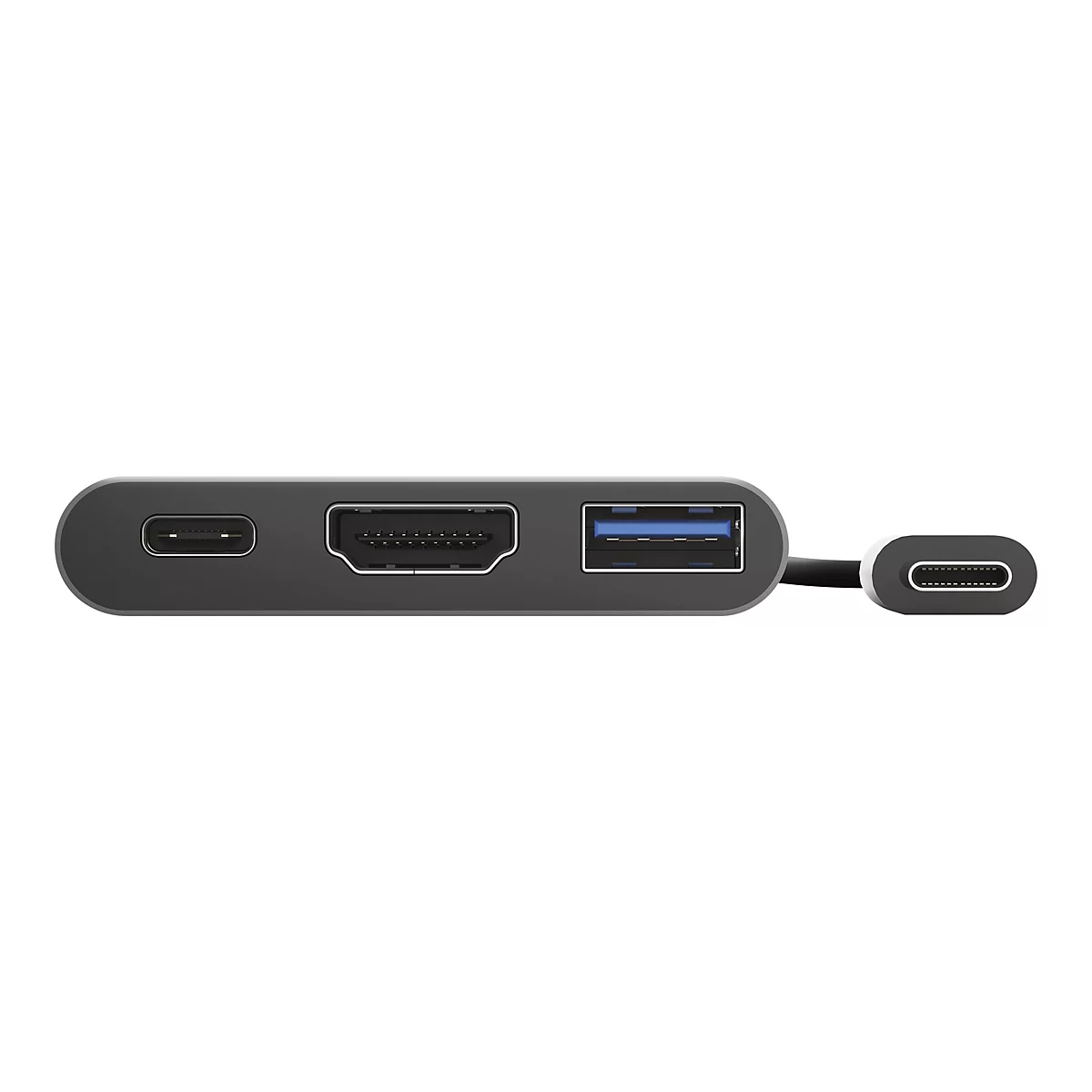 Dunkelgrauer USB-C-Hub mit HDMI, USB-A und USB-C-AnschlÃ¼ssen. Kabelsatz.