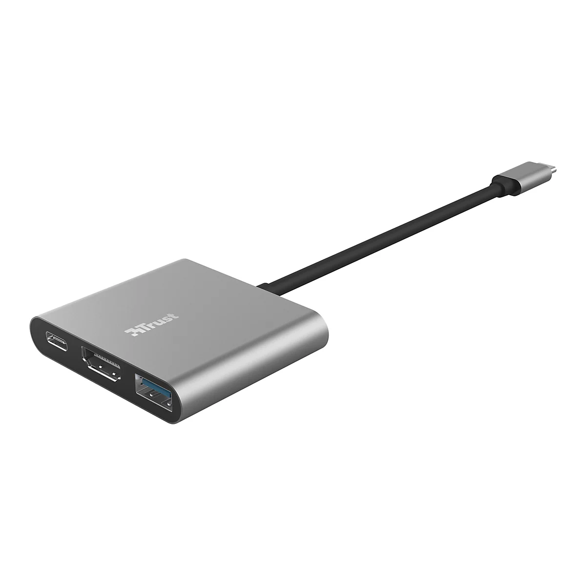 Silberner USB-C-Adapter mit mehreren AnschlÃ¼ssen, darunter HDMI, USB und USB-C-Anschluss.