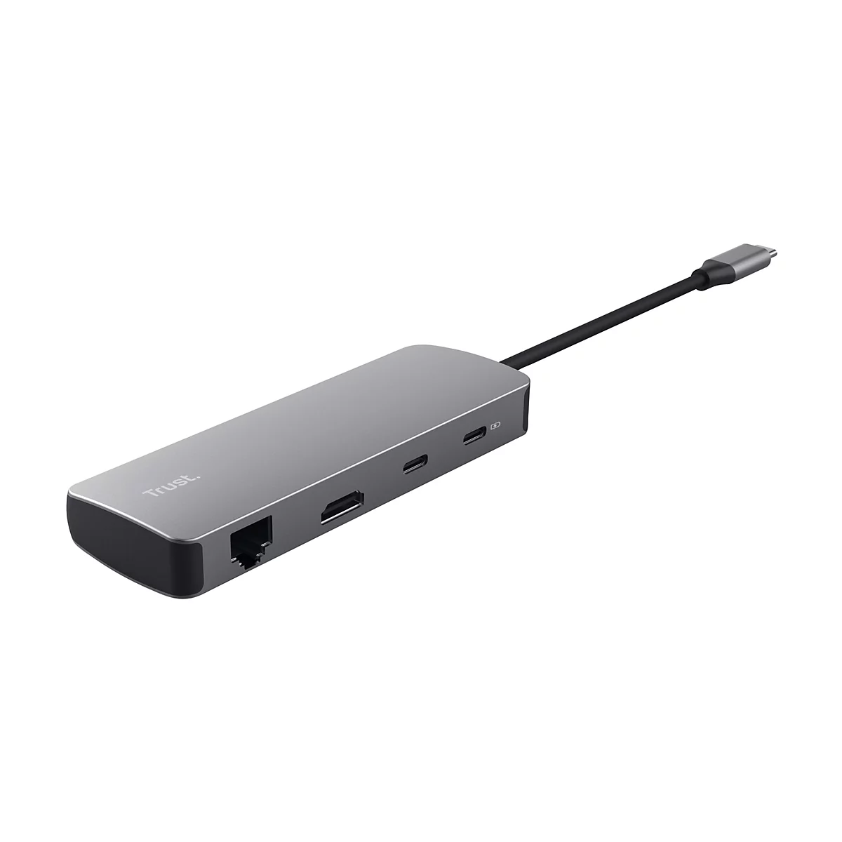 Ein grauer USB-C-Hub der Marke Trust mit mehreren Anschlüssen und kurzem Kabel vor weißem Hintergrund.