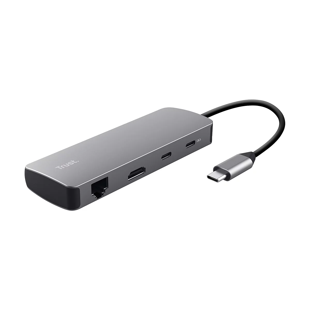 Grauer Trust USB-C Multiport-Adapter mit LAN-, HDMI- und USB-Anschlüssen auf weißem Hintergrund.