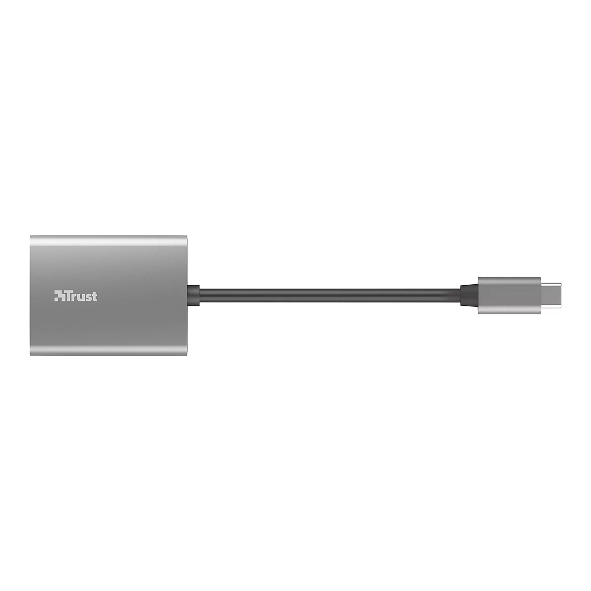 Silberner USB-C-Adapter mit Trust-Logo, verbunden mit einem kurzen schwarzen Kabel und USB-C-Anschluss.