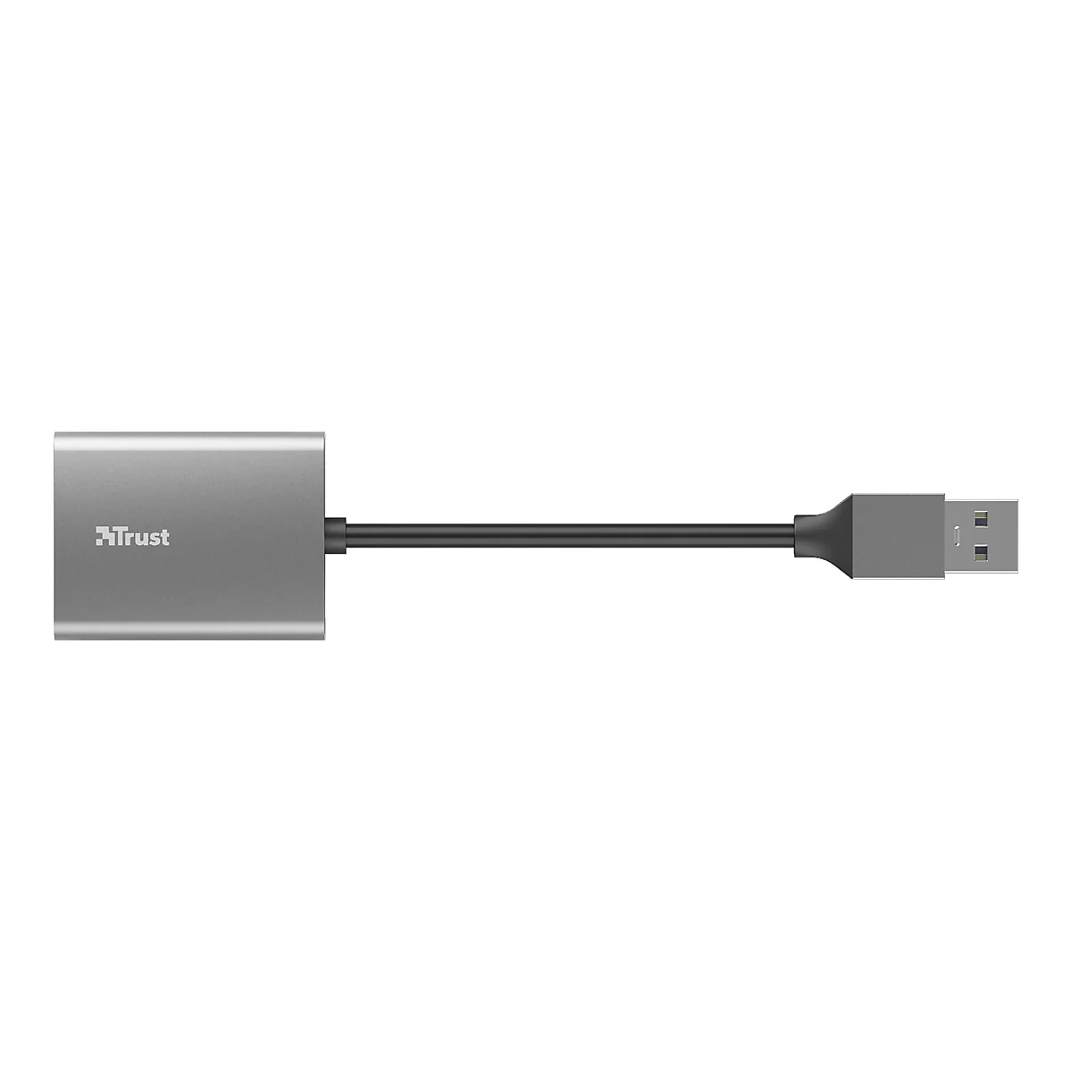 Grauer USB-C-Adapter von Trust mit schwarzem Kabel auf weißem Hintergrund.
