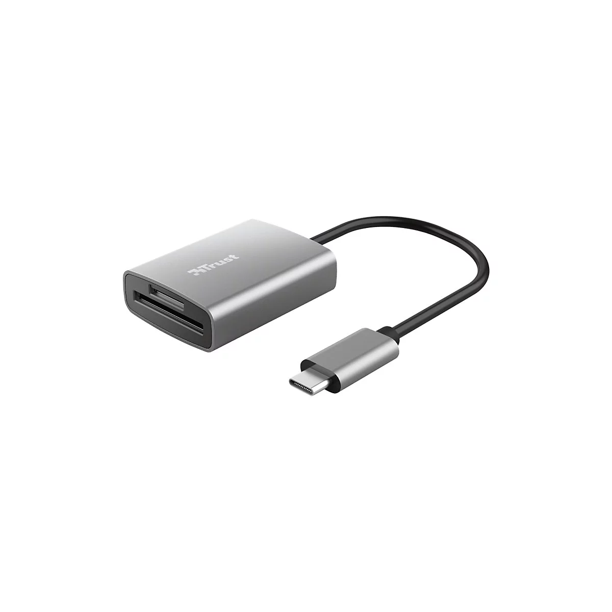 Grauer USB-C Kartenleser der Marke Trust mit schwarzem Kabel vor weißem Hintergrund.