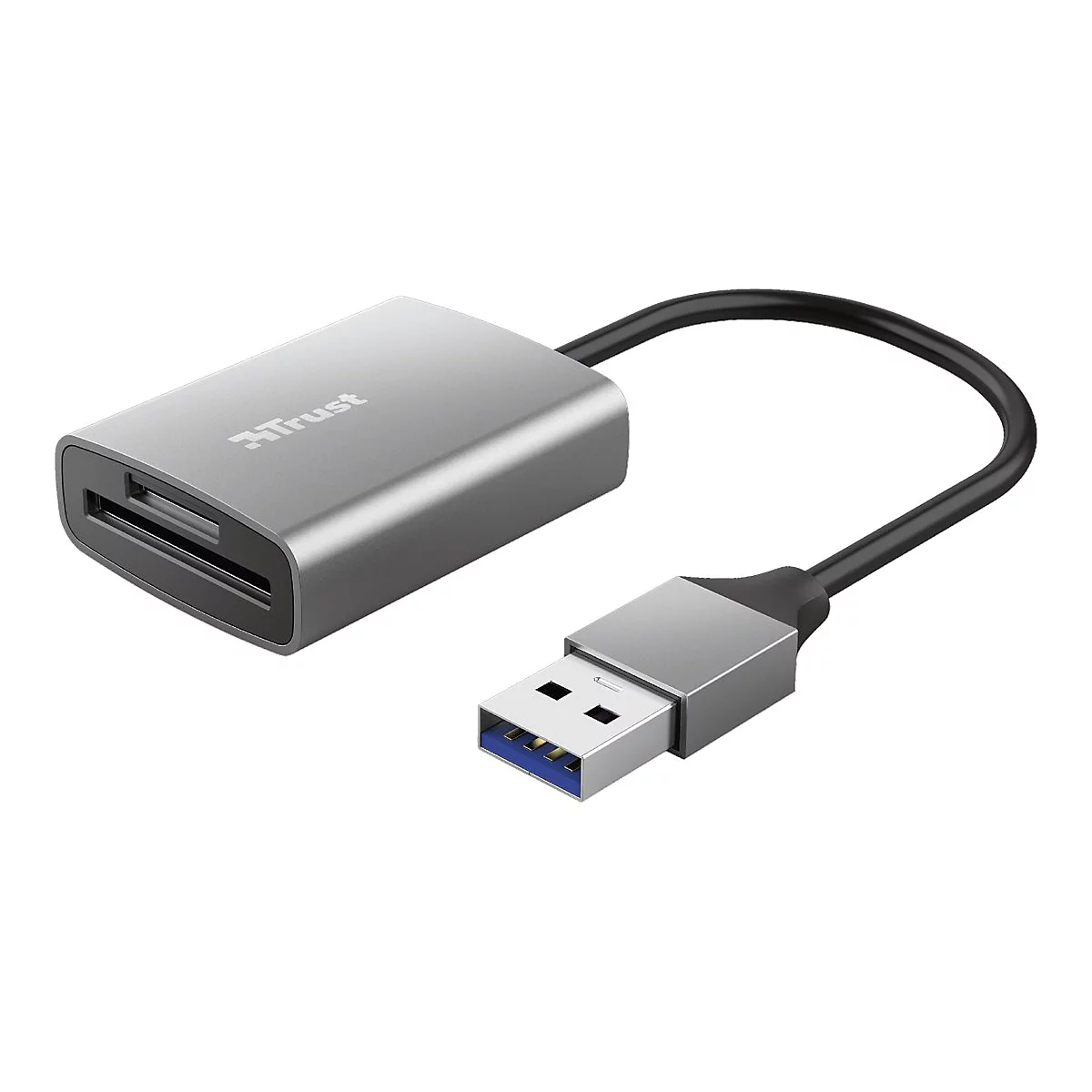 Grauer USB-Kartenleser von Trust mit kurzem schwarzem Kabel und USB-A-Stecker vor weißem Hintergrund.