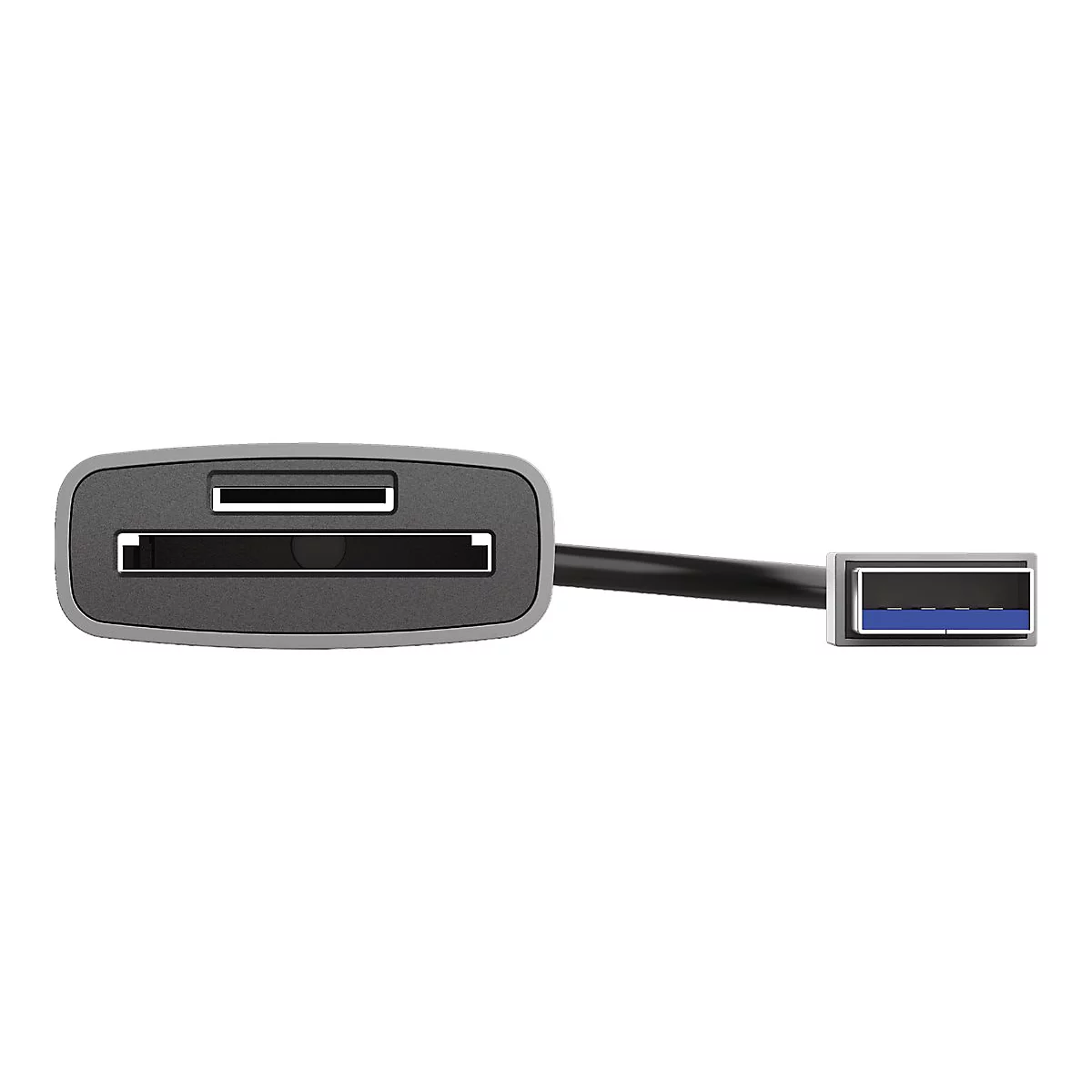 Kartenlesegerät mit zwei Schlitzen und schwarzem USB-Kabel mit blauem Stecker vor weißem Hintergrund.