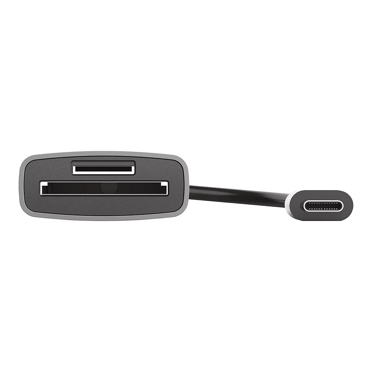 Kartenlesegerät mit USB-C-Anschluss vor weißem Hintergrund.