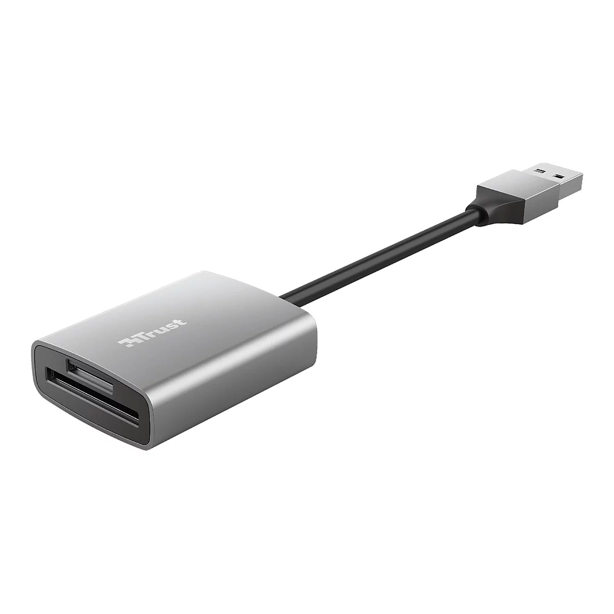 Silberner Trust Speicherkartenleser mit USB-A Anschluss vor weißem Hintergrund.