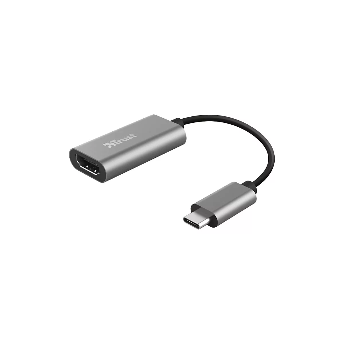 Grauer USB-C auf HDMI-Adapter der Marke Trust mit kurzem schwarzem Kabel vor weißem Hintergrund.