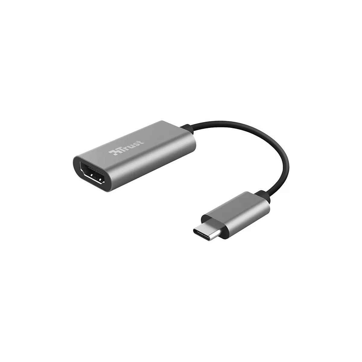 Grauer USB-C auf HDMI-Adapter von Trust mit schwarzem Kabel.