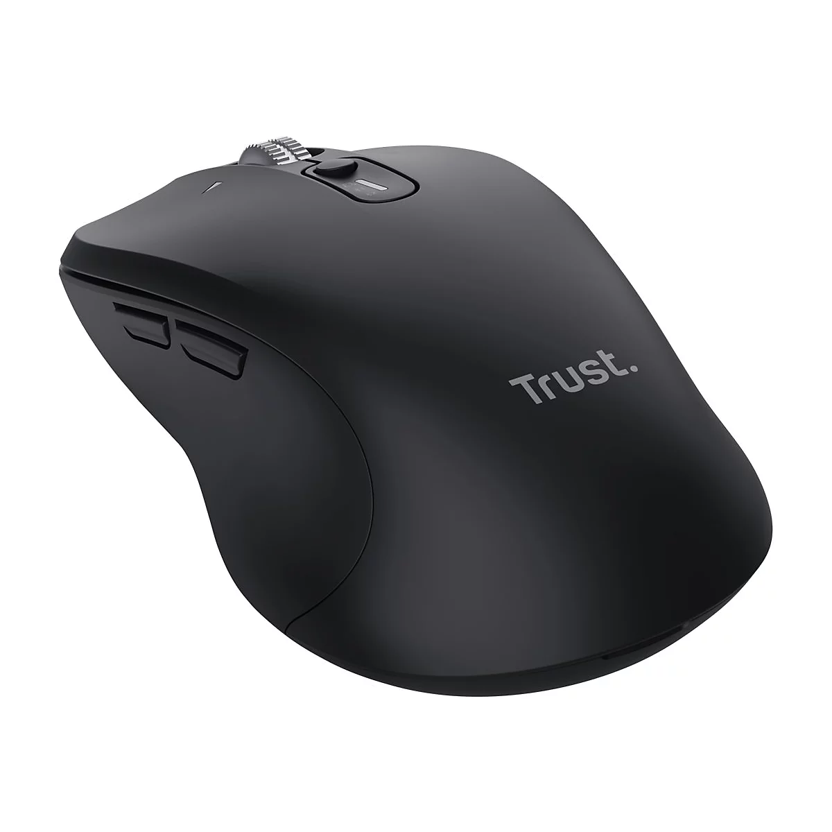 Schwarze, ergonomisch geformte kabellose Trust-Computermaus vor weißem Hintergrund.