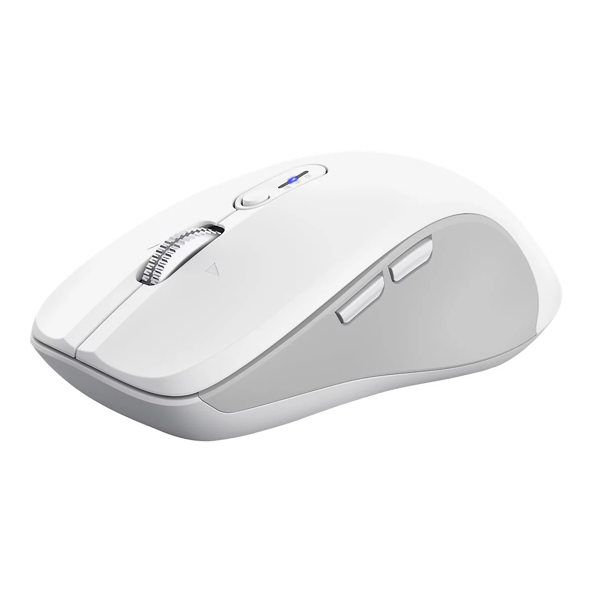 Weiße, ergonomische kabellose Computermaus mit silbernem Scrollrad und leuchtender blauer Statusanzeige.