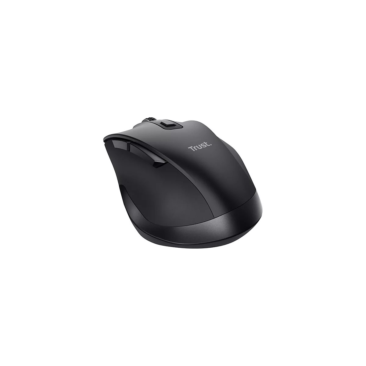 Schwarze kabellose Trust Computermaus mit ergonomischem Design vor weißem Hintergrund.