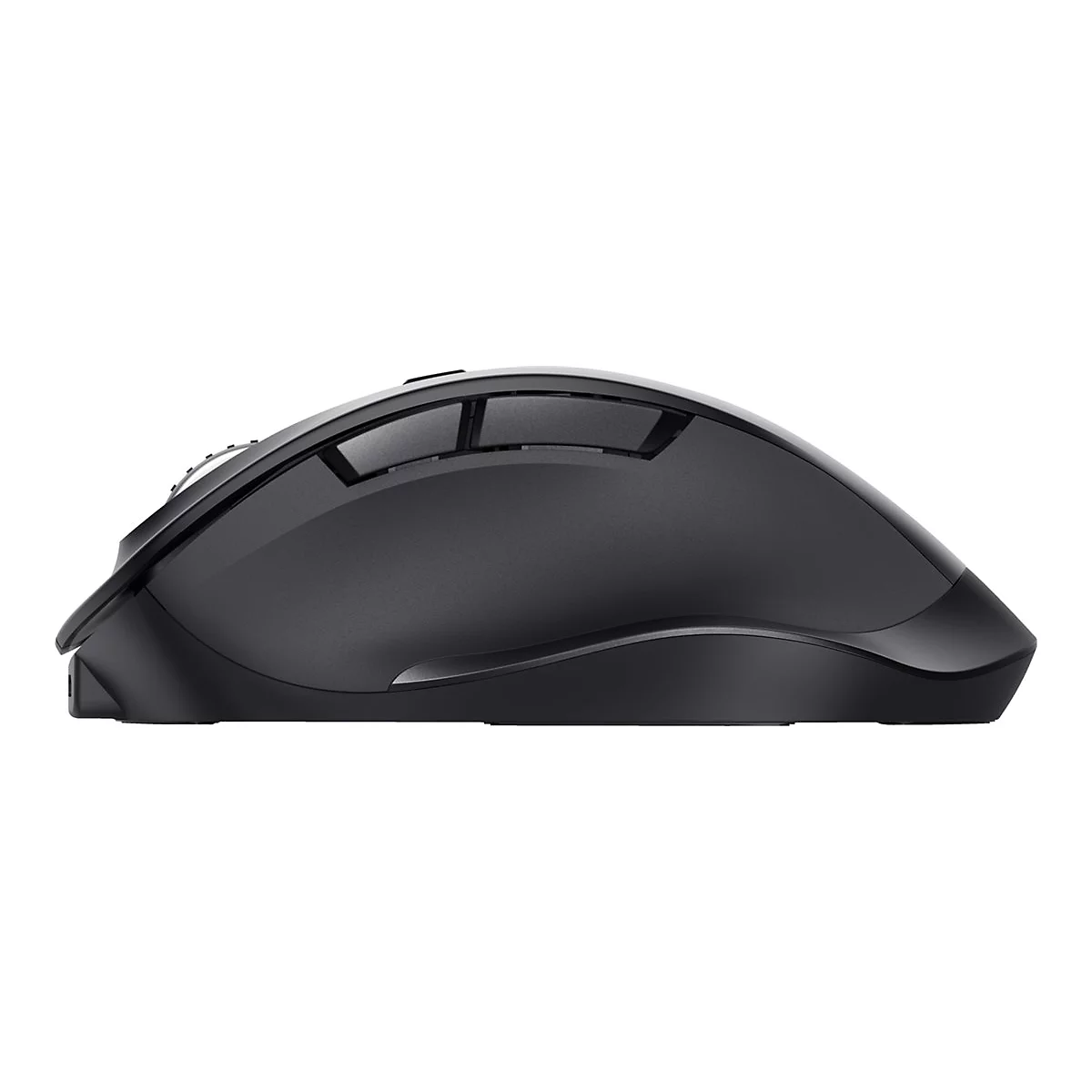 Schwarze, ergonomische Gaming-Maus in der Seitenansicht vor weißem Hintergrund.