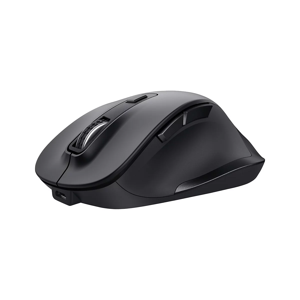 Drahtlose, ergonomische Computermaus in mattem Schwarz mit Scrollrad und Zusatztasten vor weißem Hintergrund.