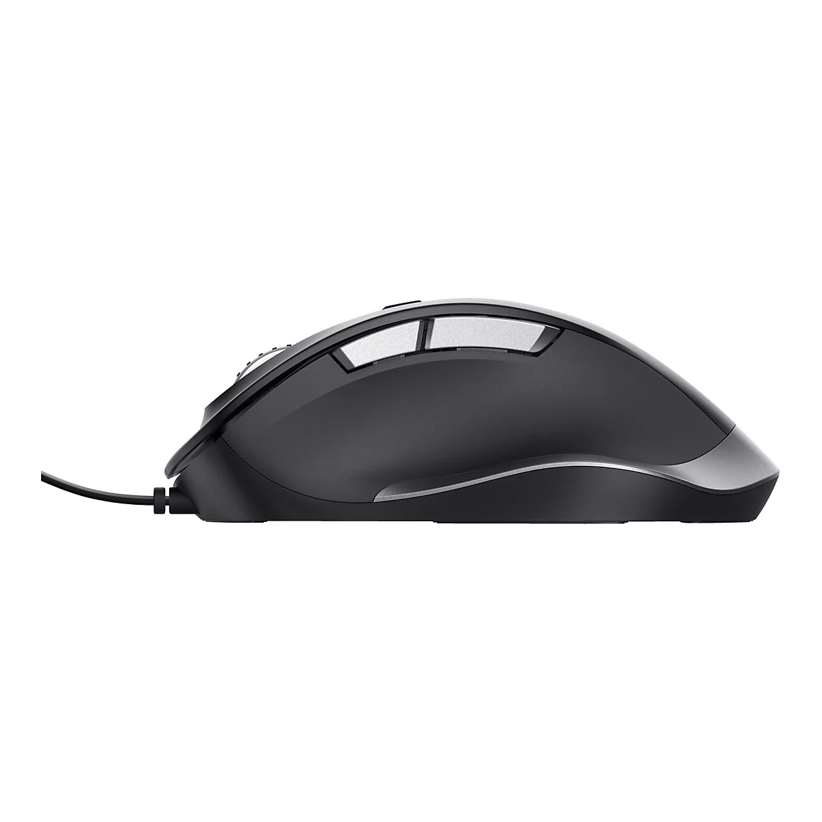 Seitenansicht einer schwarzen, ergonomischen Kabel-Gaming-Maus mit zwei silbernen Seitentasten.