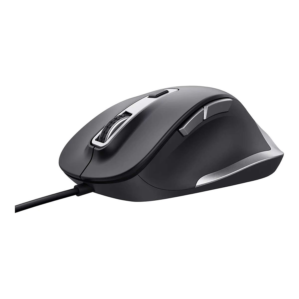 Schwarze, ergonomische Kabel-Computermaus mit Mausrad und Seitentasten vor weißem Hintergrund.