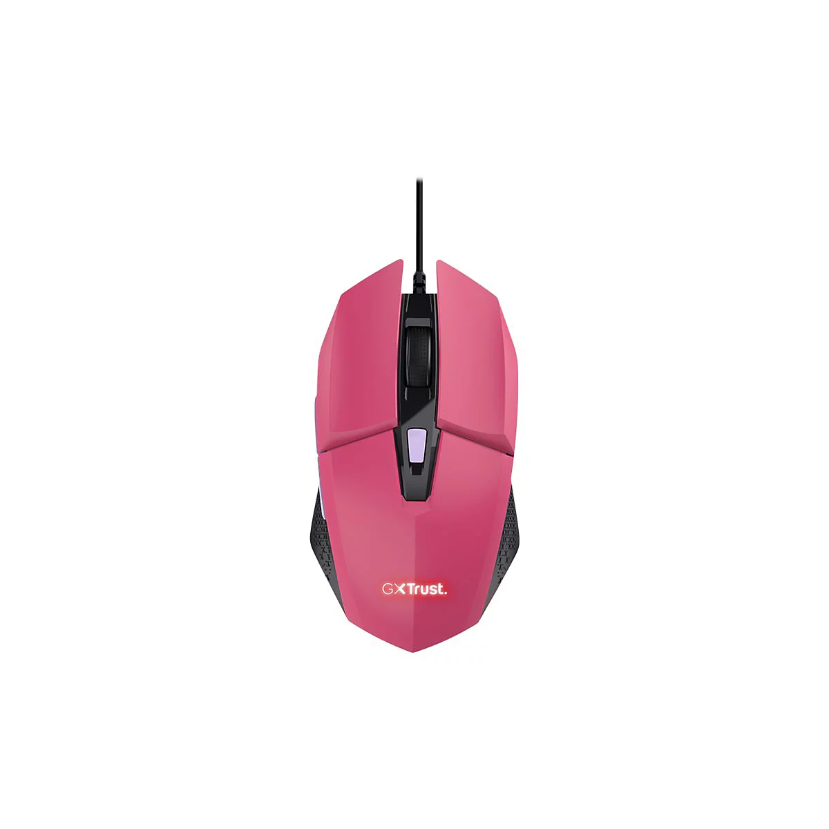 Eine rosa Gaming-Maus mit schwarzem Kabel und beleuchtetem GXTrust-Logo auf weißem Hintergrund.