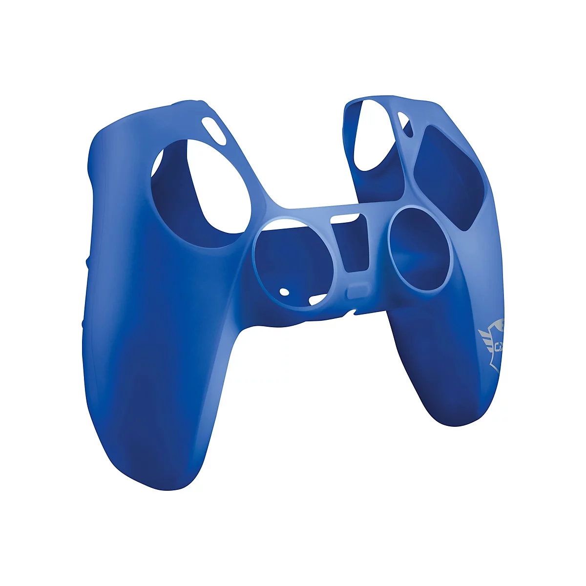 Blaue Controller-Schutzhülle vor weißem Hintergrund, mit Aussparungen und Logo.