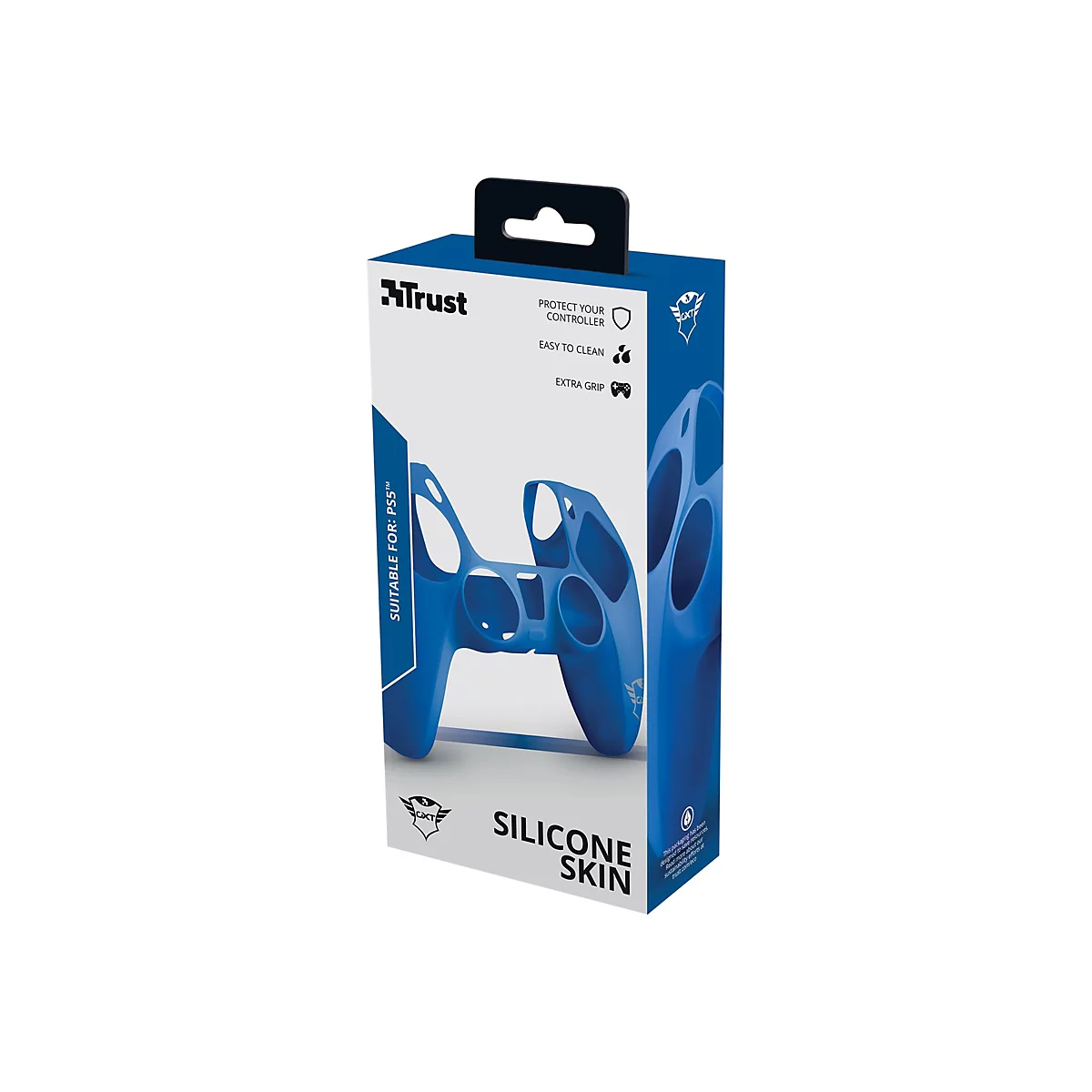 Eine Produktverpackung mit einer blauen Silikonhaut für einen PlayStation 5 Controller. Die Verpackung zeigt den Controller und die Aufschrift "Trust".