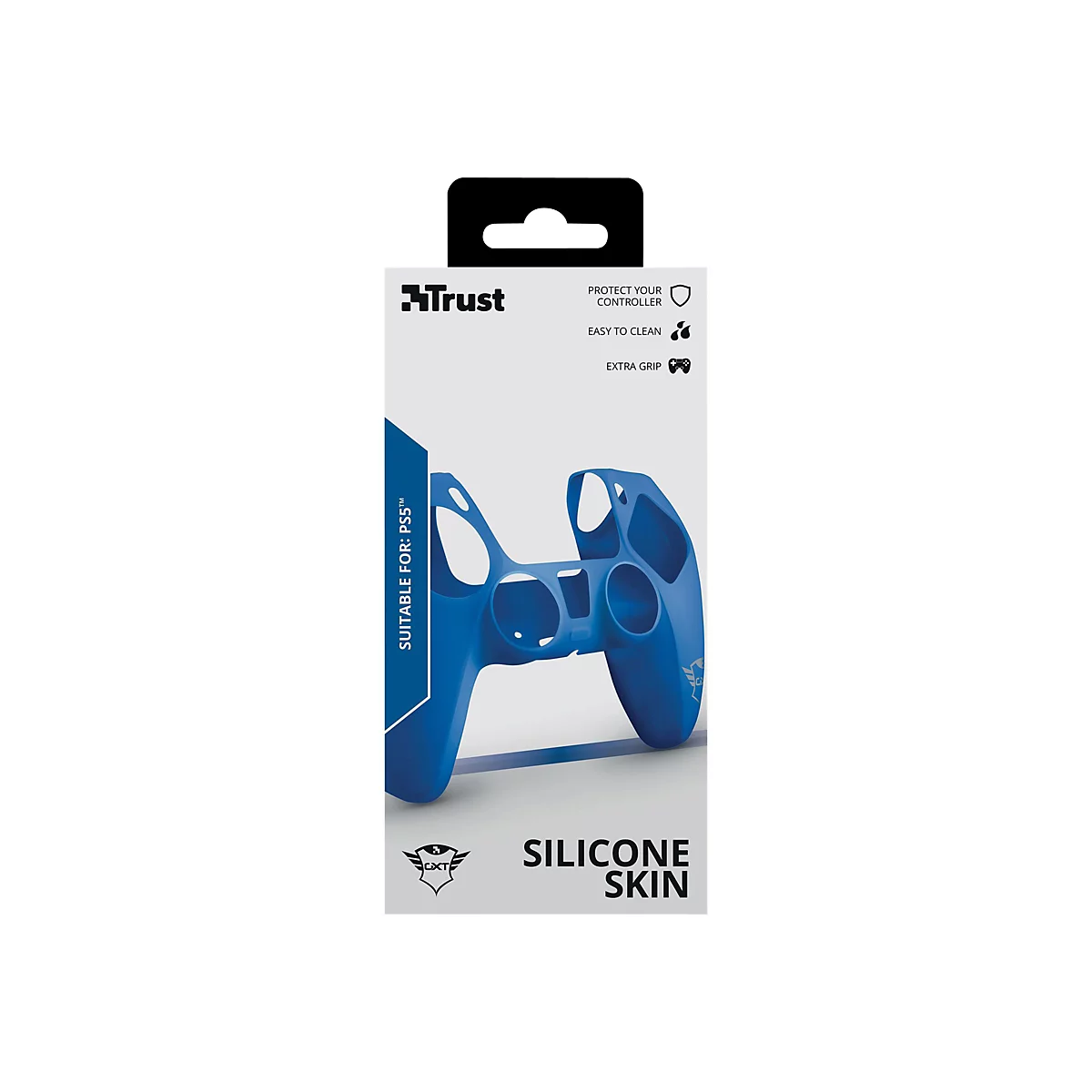 Produktverpackung eines blauen Silikon-Controller-Schutzes für PS5. Logo der Marke Trust oben links.