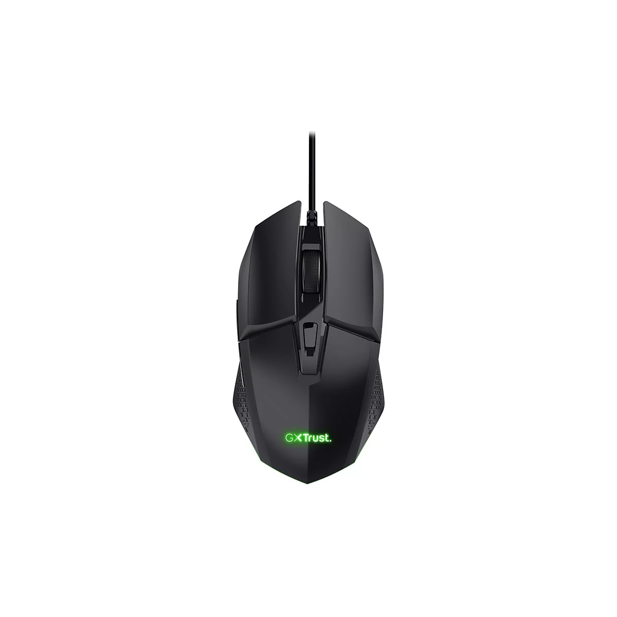 Schwarze, kabelgebundene Gaming-Maus mit leuchtendem, grünem Trust-Logo vor weißem Hintergrund.
