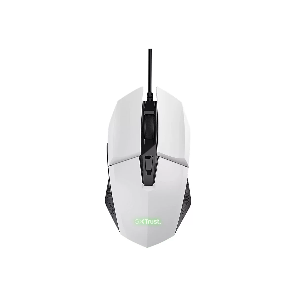 Weiße Gaming-Maus mit schwarzem Mausrad und GXT-Logo auf weißem Hintergrund.