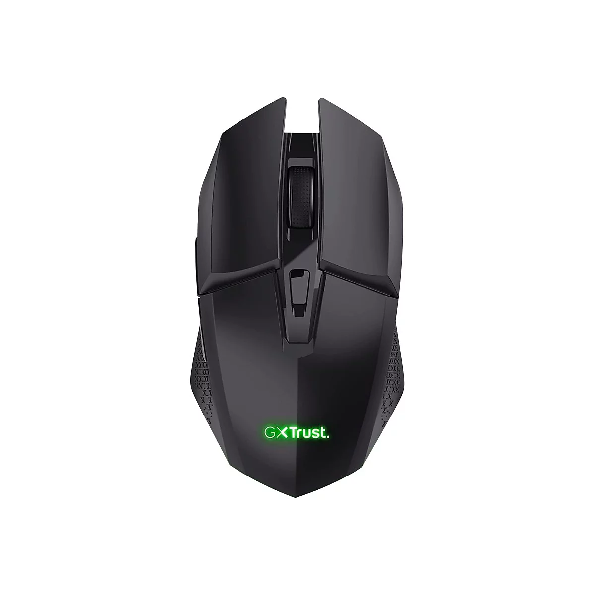Schwarze Gaming-Maus mit grün leuchtendem GXTrust-Logo auf weißem Hintergrund.
