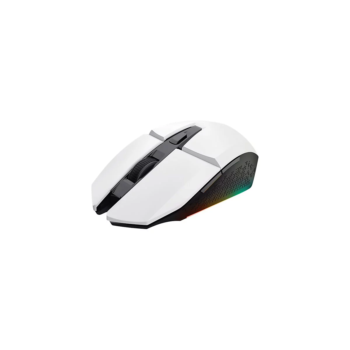 WeiÃŸe Gaming-Maus mit schwarzem Rad und farbigen LEDs. Die Maus ist auf weiÃŸem Hintergrund abgebildet.