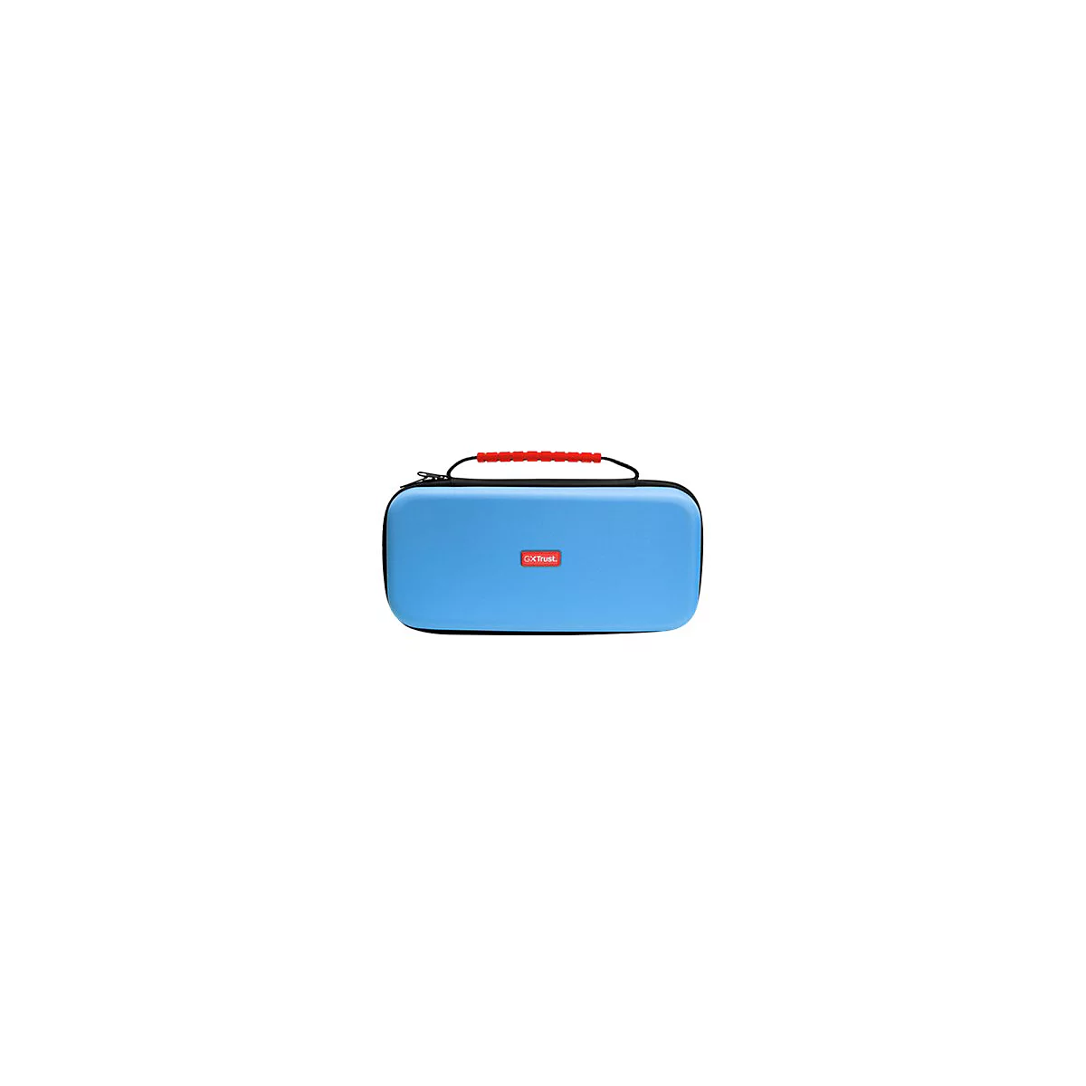 Helle, blaue Hartschalentasche mit rotem Griff und GxTrust-Logo auf weißem Hintergrund.
