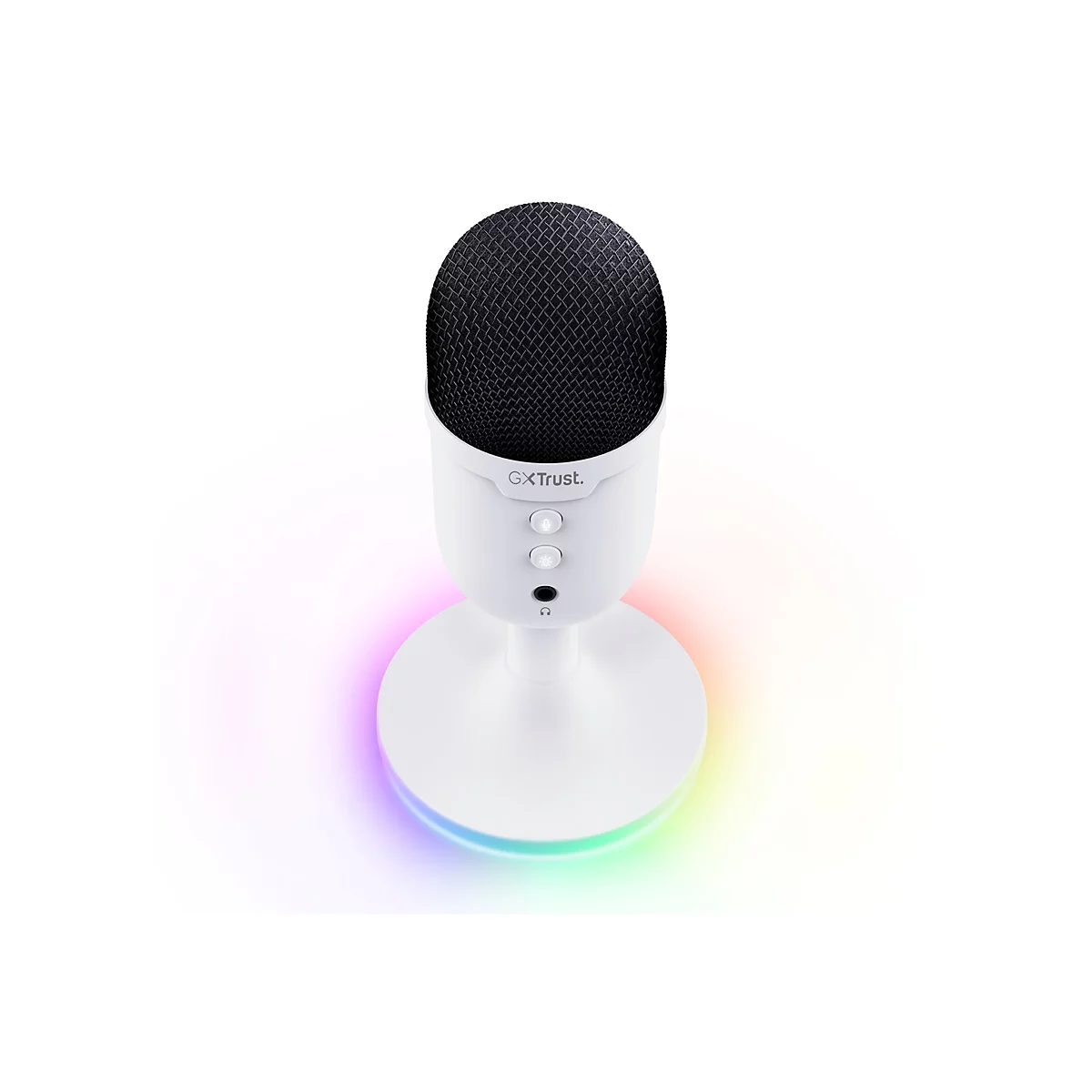 Weißes Gaming-Mikrofon mit schwarzem Gitter, RGB-Beleuchtung am Standfuß und GXTrust-Schriftzug vor weißem Hintergrund.