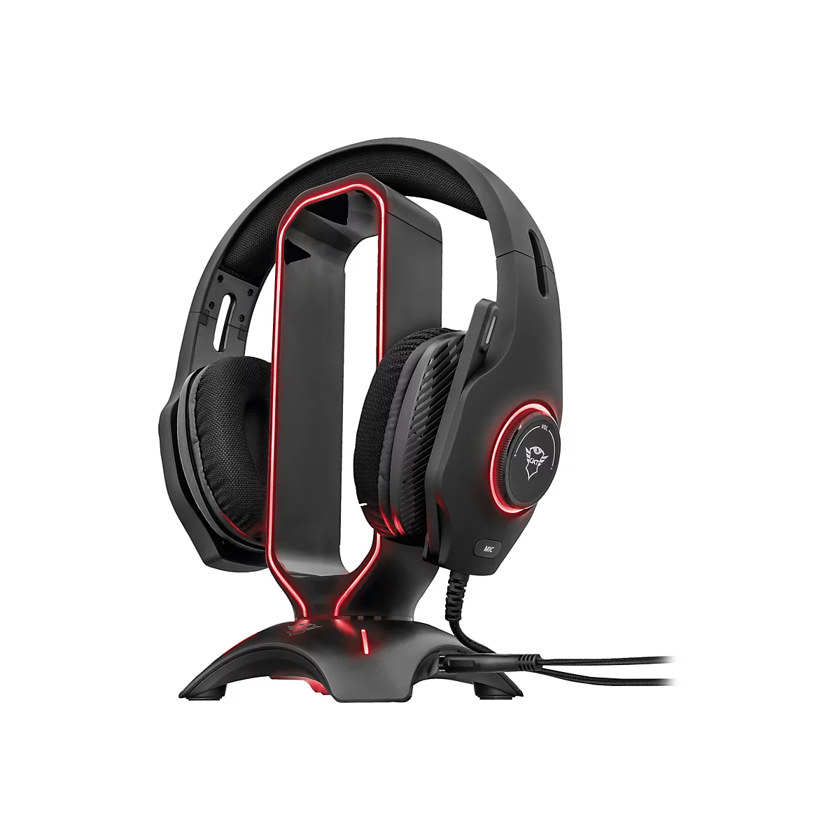Schwarzes Gaming-Headset mit roter Beleuchtung auf Halterung. Drehregler und Logo sichtbar.