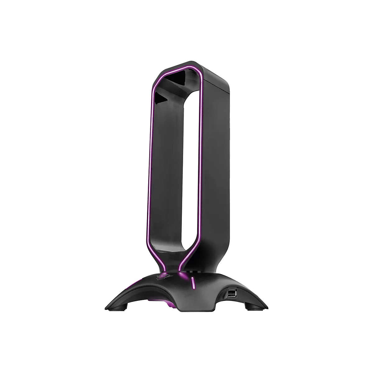 Schwarzer Headset-Ständer mit lilafarbenen Lichtlinien. Oben ein USB-Anschluss.