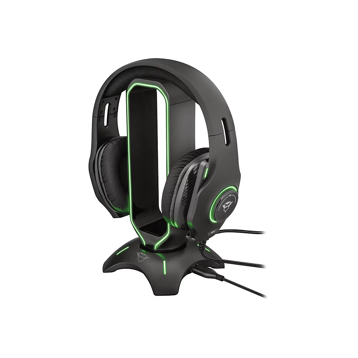 Schwarzes Gaming-Headset mit grüner LED-Beleuchtung auf einem Ständer.