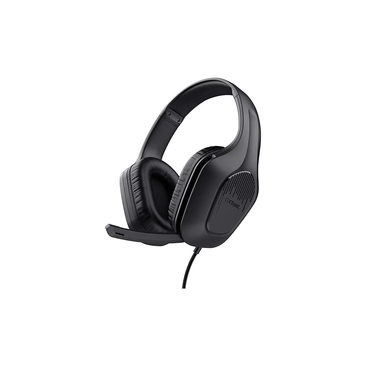 Schwarzes Gaming-Headset mit Bügel, Ohrpolstern und Mikrofon vor weißem Hintergrund.