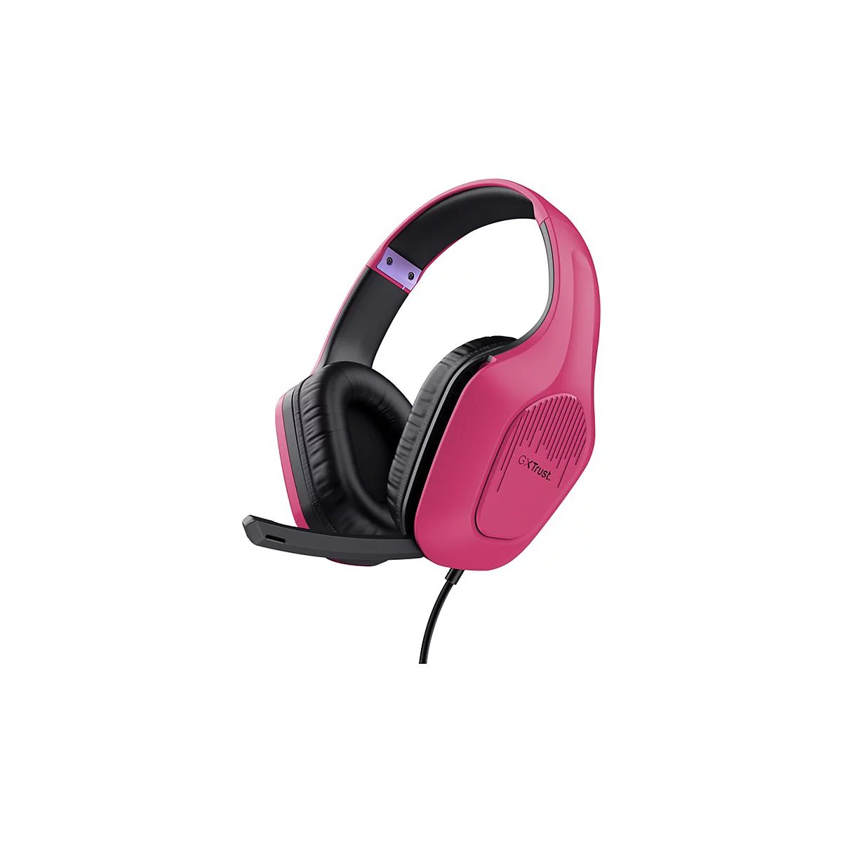 Rosa Gaming-Headset mit schwarzem Mikrofon und Polsterung vor weißem Hintergrund.