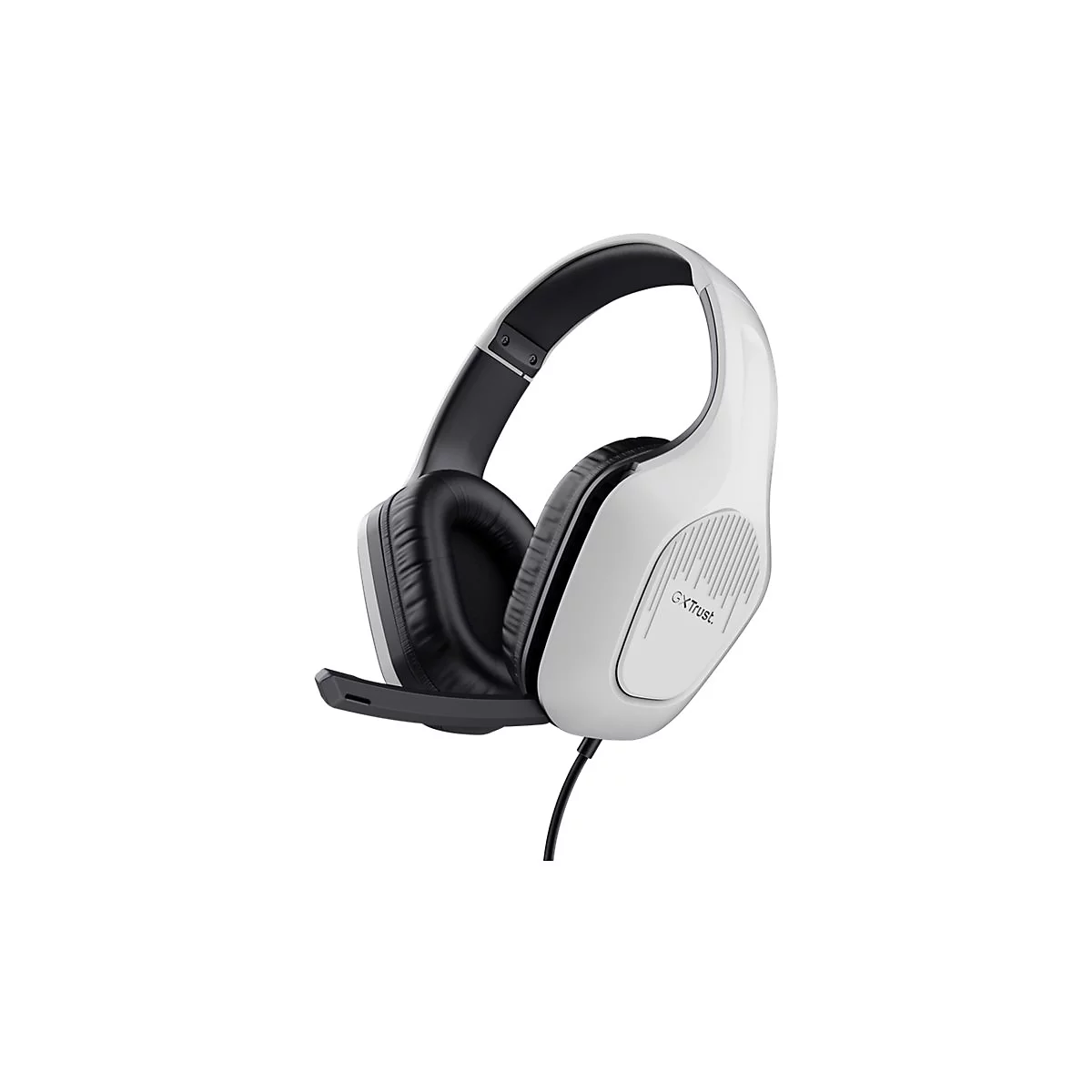 Weißes Gaming-Headset mit schwarzem Mikrofonbügel und gepolsterten Ohrhörern vor weißem Hintergrund.