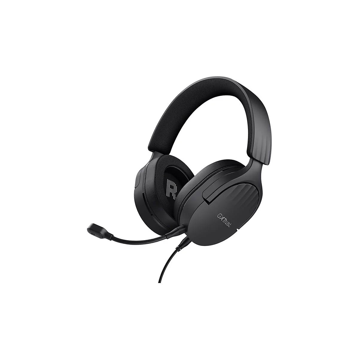 Schwarzes Gaming-Headset mit Bügel und abnehmbarem Mikrofon vor weißem Hintergrund.