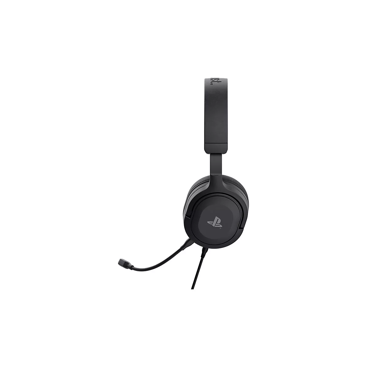 Schwarzes PlayStation Gaming-Headset in Seitenansicht vor weißem Hintergrund.