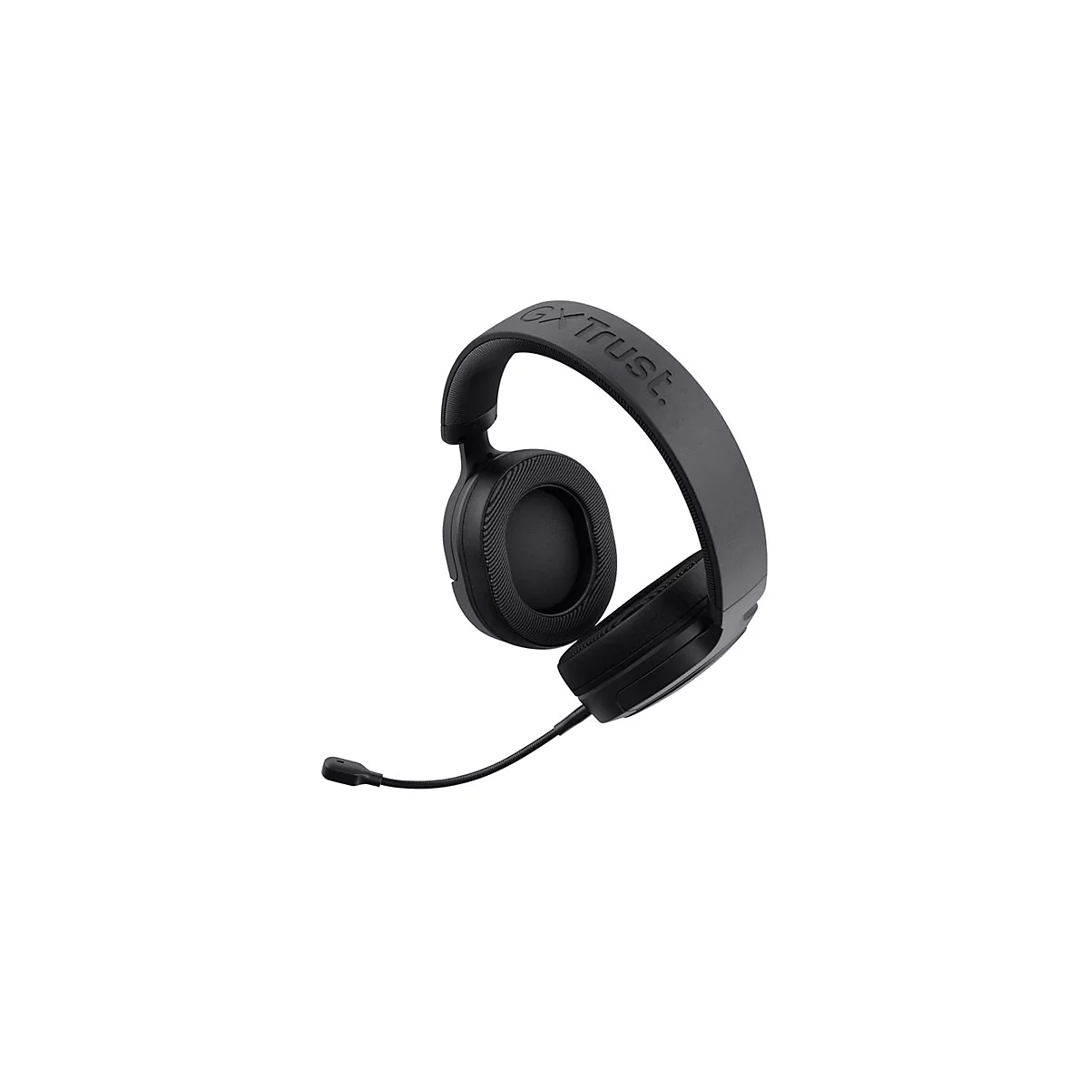 Schwarzes Gaming-Headset GXT mit Kopfbügel und verstellbarem Mikrofon vor weißem Hintergrund.