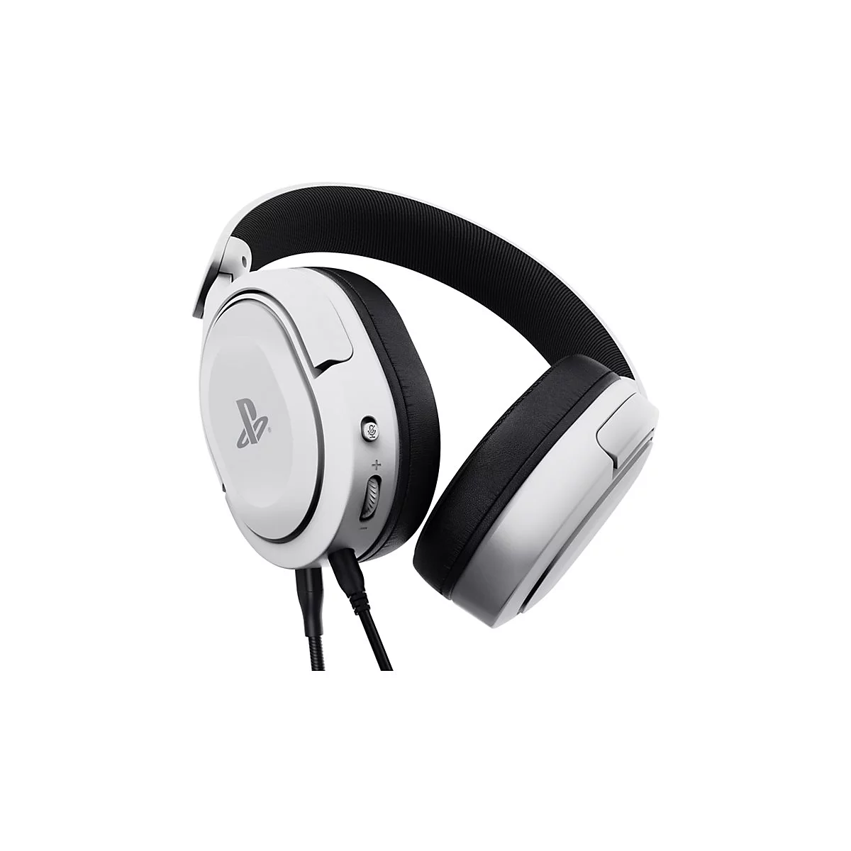 Weißes Gaming-Headset mit schwarzem Polster und Kabel auf weißem Hintergrund. Auf der Ohrmuschel befindet sich ein PlayStation-Logo.