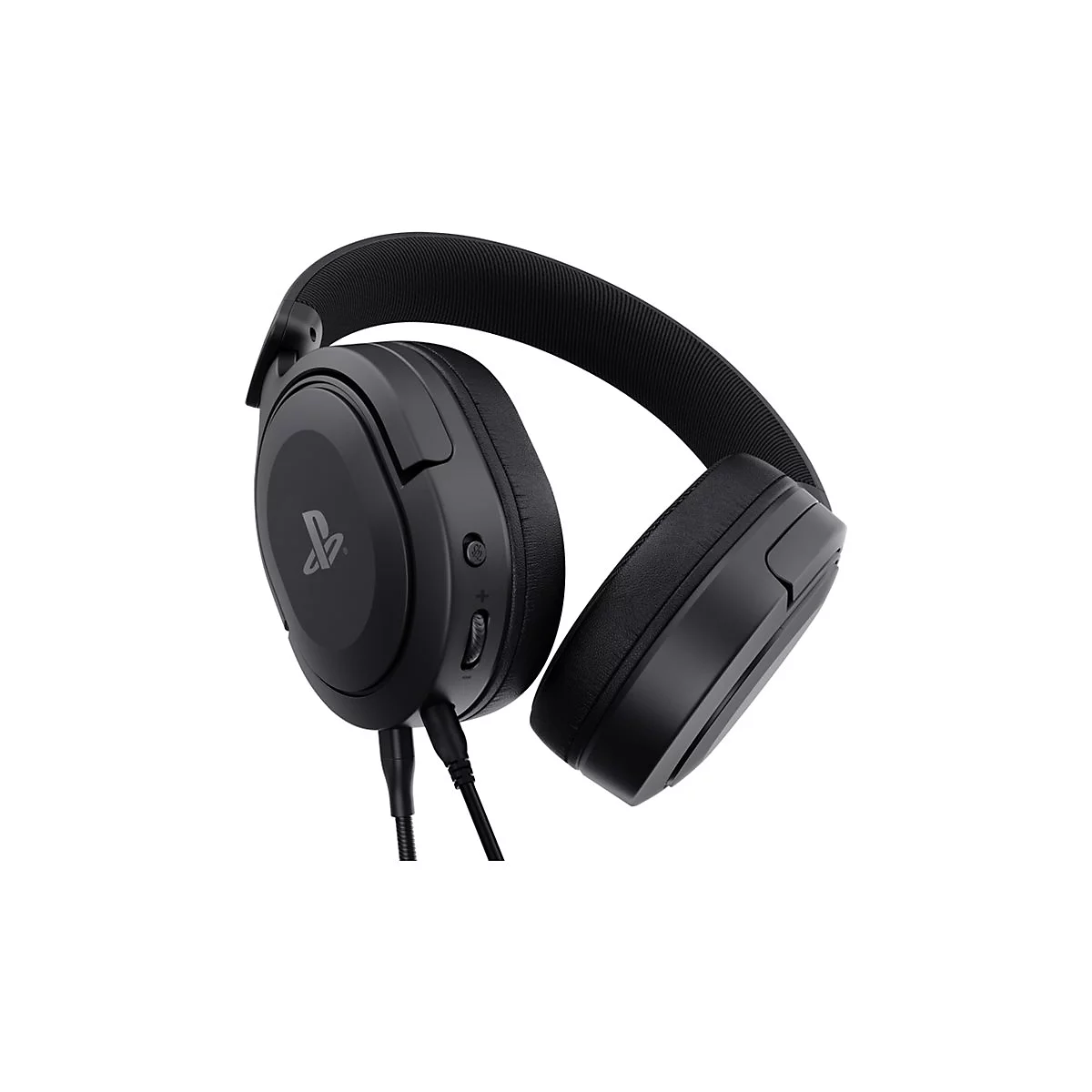 Schwarzes PlayStation Gaming-Headset mit Ohrpolstern und Kabel vor weißem Hintergrund.