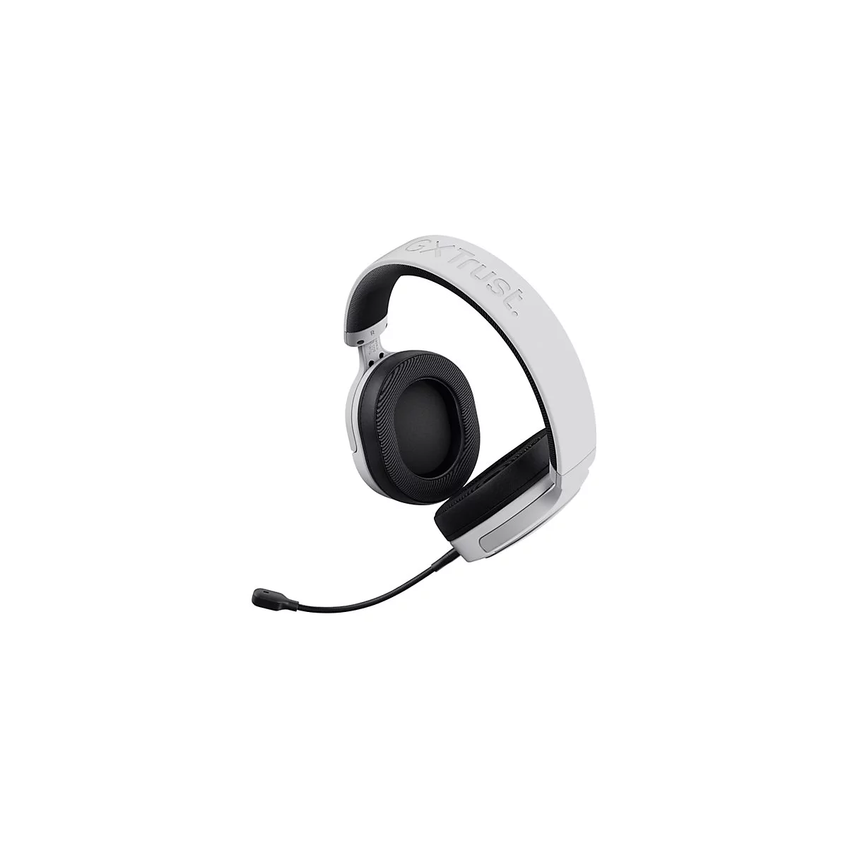 Weißes Gaming-Headset mit schwarzem Mikrofon und Ohrmuscheln vor weißem Hintergrund.