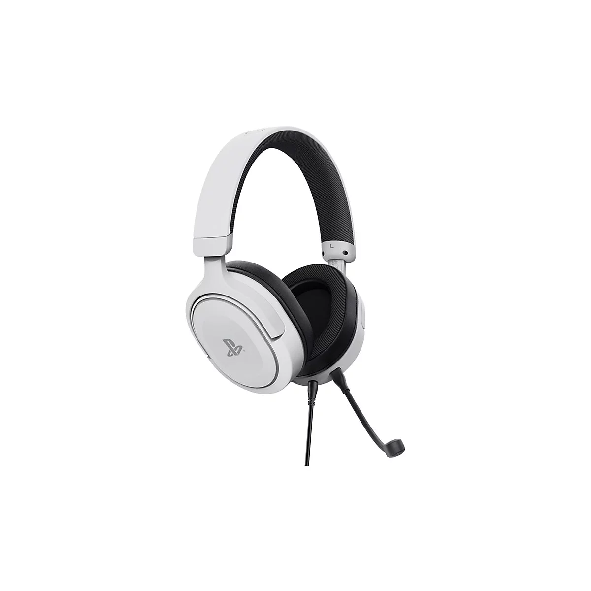 Weißes Gaming-Headset mit Mikrofon, PlayStation-Logo.