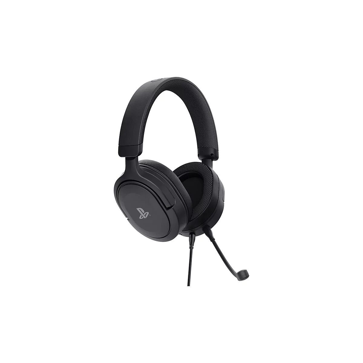 Schwarzes PlayStation Gaming-Headset mit Bügelmikrofon auf weißem Hintergrund.