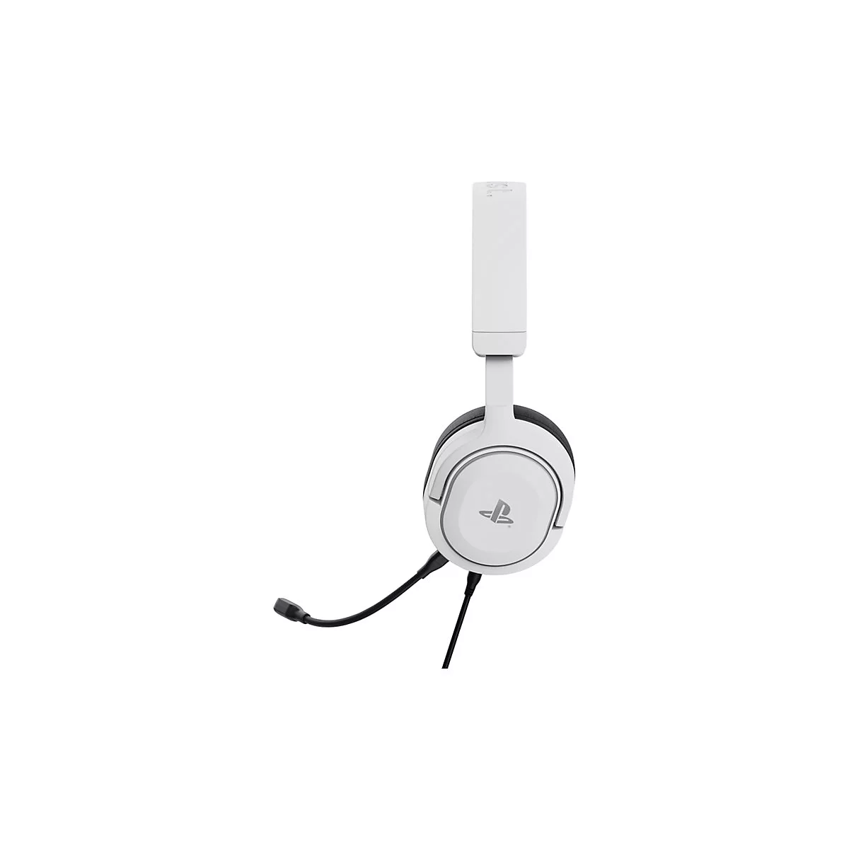 Weißes Headset mit Mikrofon, PlayStation-Logo und Kabel. Gezeigt vor neutralem Hintergrund.